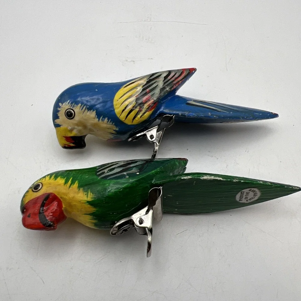 Vintage Hand Painted Carved Wood Parrot Clip On Ornaments Pair Philippines MCM
